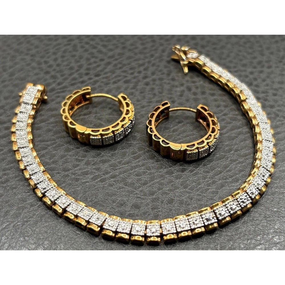 Estate Two Tone Tennis Bracelet & Hoop Earrings Set Gold Tone Silver Tone